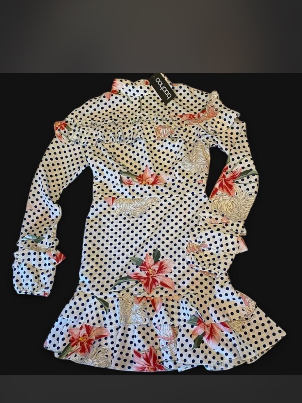 Boohoo White Polka Dot Long Sleeve Dress with Pink Floral Print ruffles Sz 4 NEW